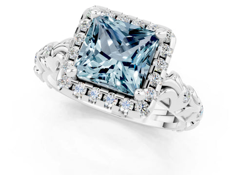 White gold Princess Cut Halo Diamond Solitaire with Filigree Band and Four-Prong Setting_1