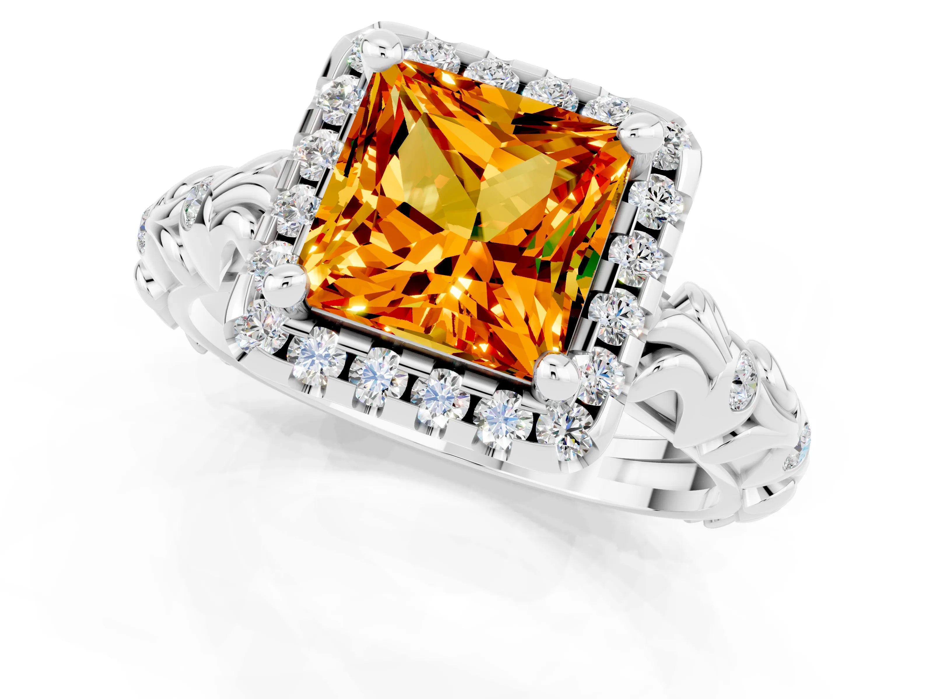 White gold Princess Cut Halo Diamond Solitaire with Filigree Band and Four-Prong Setting_1