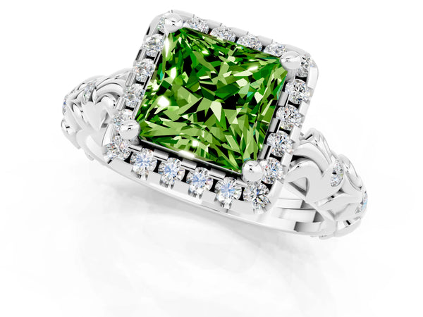 Silver Princess Cut Peridot Halo Ring with Filigree Band and Prong Setting