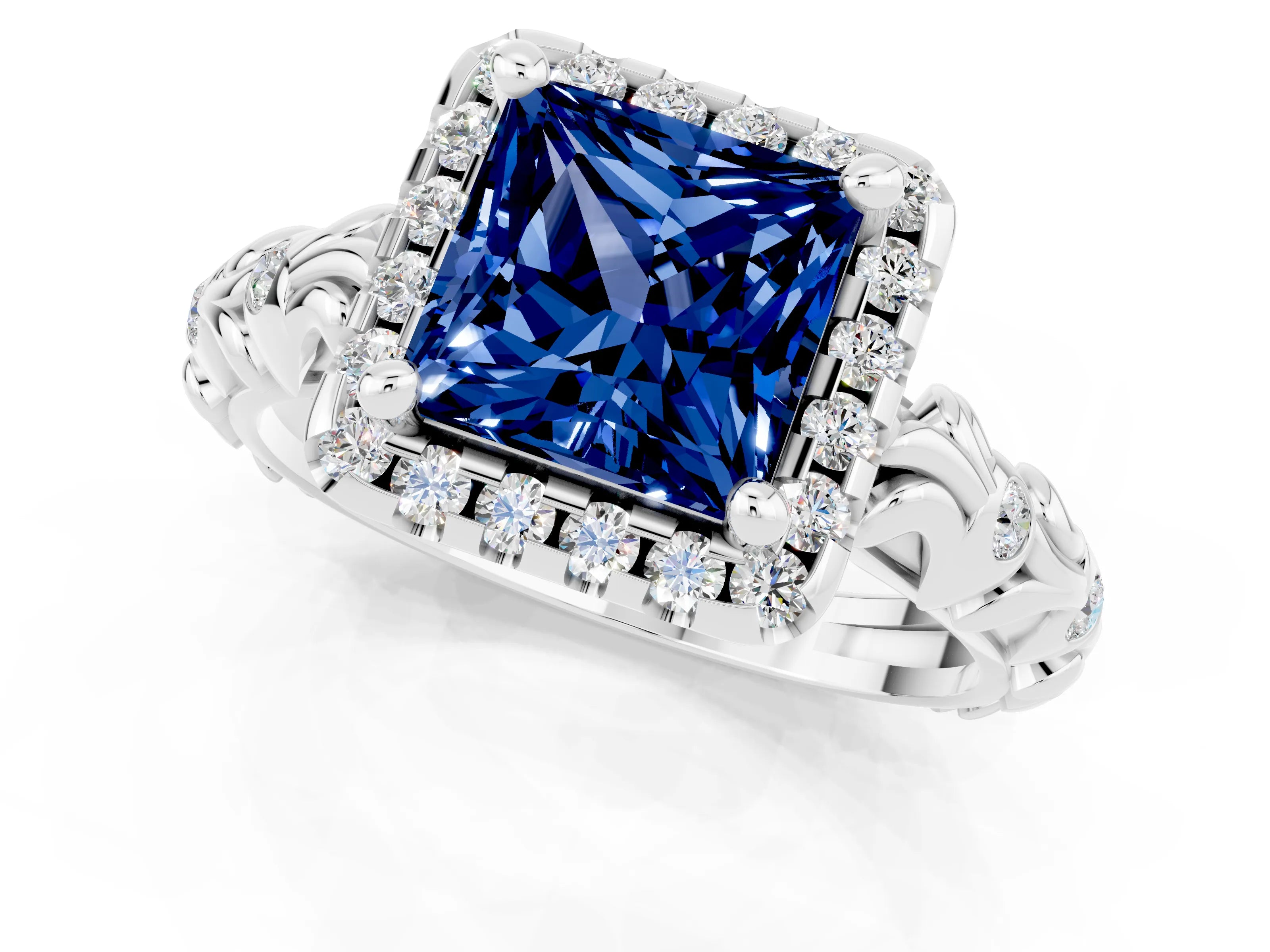White gold Princess Cut Halo Diamond Solitaire with Filigree Band and Four-Prong Setting_1