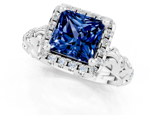 Silver Princess Cut Blue Sapphire Halo Ring with Filigree Band and Prong Setting