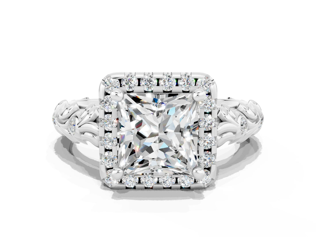 White gold Princess Cut Halo Diamond Solitaire with Filigree Band and Four-Prong Setting
