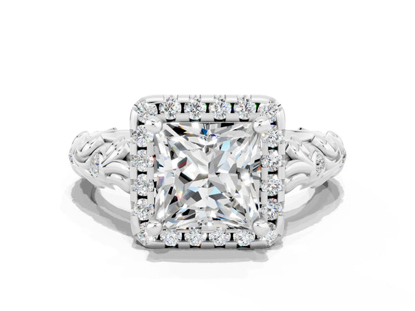 Platinum Princess Cut Moissanite Halo Ring with Filigree Band and Prong Setting