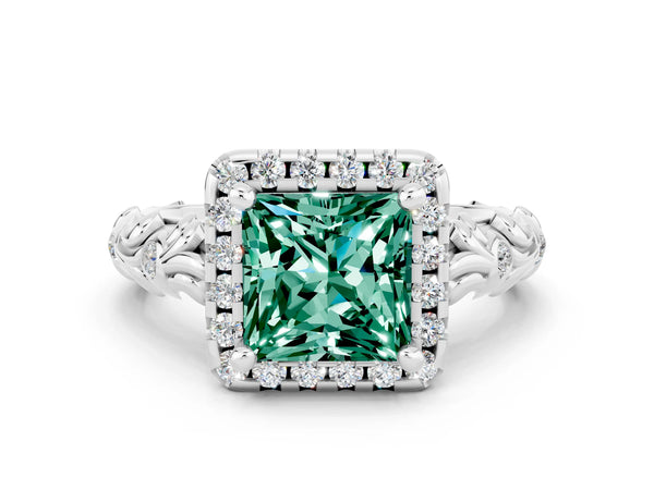 Platinum Princess Cut Green Sapphire Halo Ring with Filigree Band and Prong Setting
