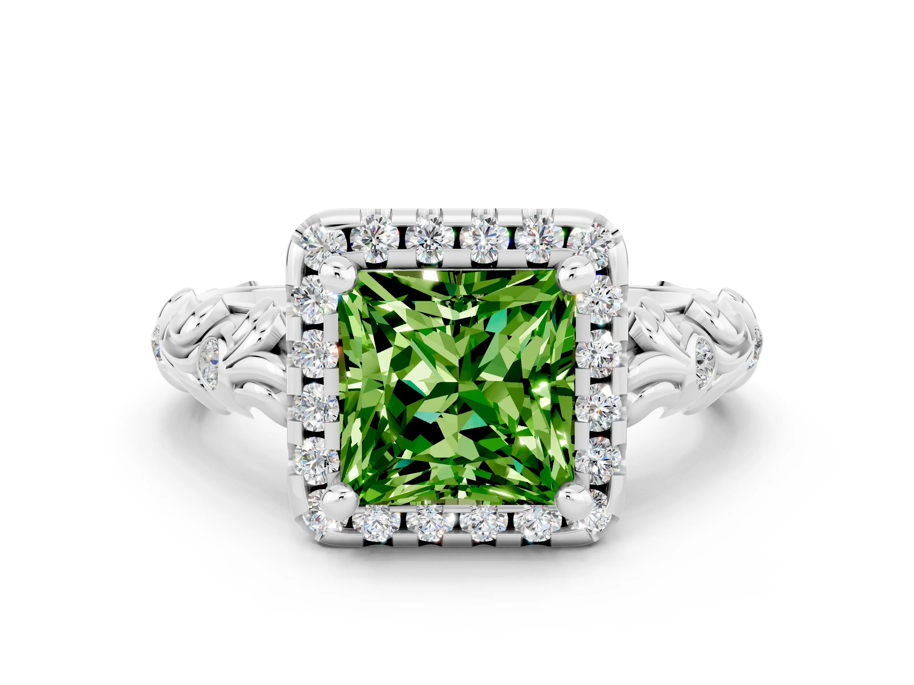 White gold Princess Cut Halo Diamond Solitaire with Filigree Band and Four-Prong Setting