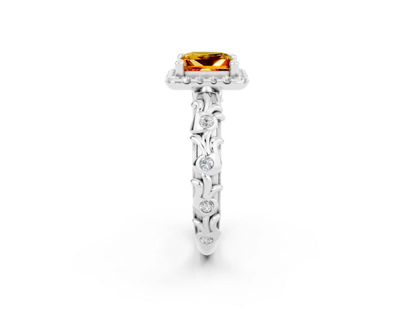 Platinum Princess Cut Citrine Halo Ring with Filigree Band and Prong Setting