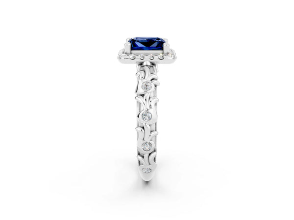 White gold Princess Cut Blue Sapphire Halo Ring with Filigree Band and Prong Setting