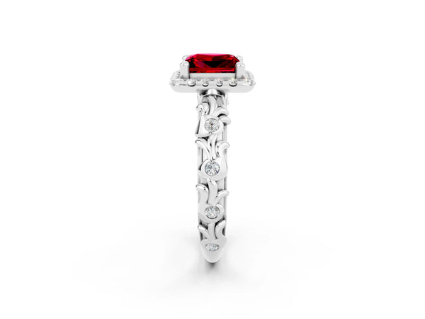 Silver Princess Cut Ruby Halo Ring with Filigree Band and Prong Setting