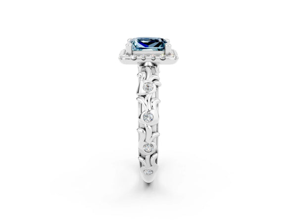 Silver Princess Cut Aquamarine Halo Ring with Filigree Band and Prong Setting