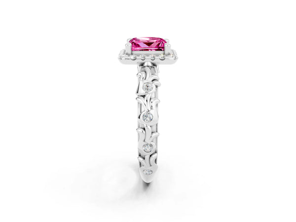Silver Princess Cut Pink Sapphire Halo Ring with Filigree Band and Prong Setting