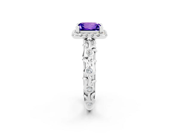 Silver Princess Cut Tanzanite Halo Ring with Filigree Band and Prong Setting