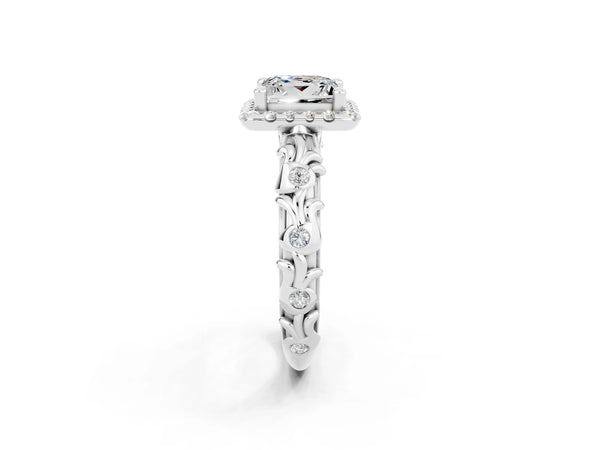 Silver Princess Cut Moissanite Halo Ring with Filigree Band and Prong Setting