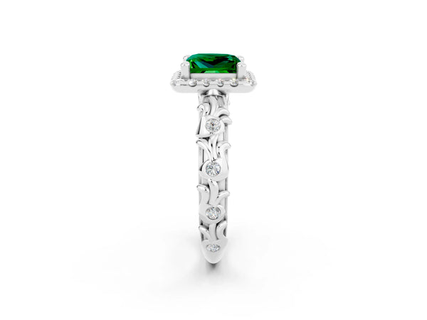 White gold Princess Cut Emerald Halo Ring with Filigree Band and Prong Setting