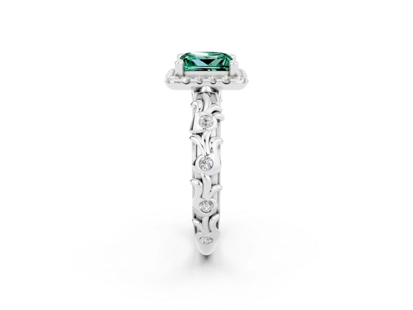 Platinum Princess Cut Green Sapphire Halo Ring with Filigree Band and Prong Setting