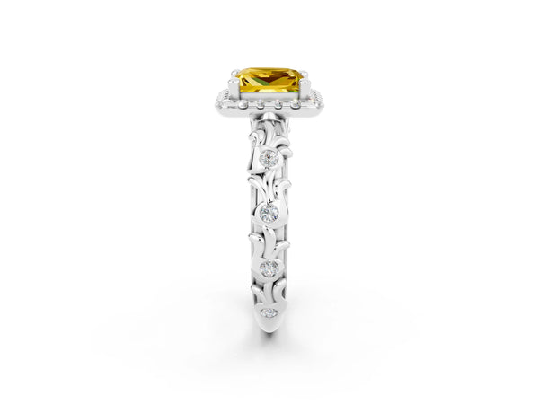Silver Princess Cut Yellow Sapphire Halo Ring with Filigree Band and Prong Setting