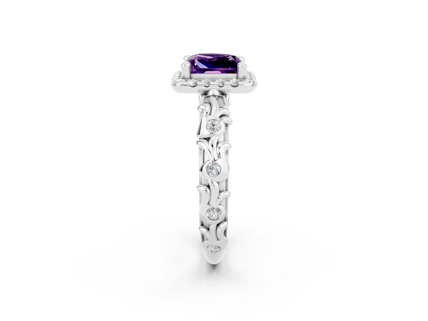 White gold Princess Cut Amethyst Halo Ring with Filigree Band and Prong Setting