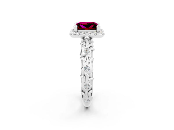 Platinum Princess Cut Garnet Halo Ring with Filigree Band and Prong Setting