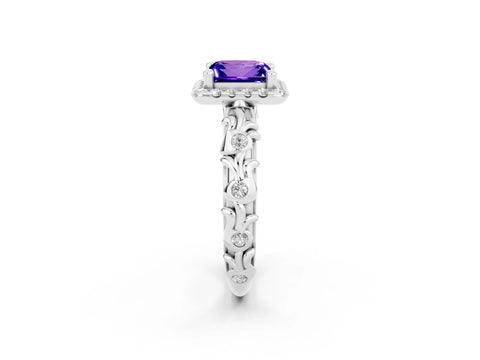 White gold Princess Cut Halo Diamond Solitaire with Filigree Band and Four-Prong Setting_2