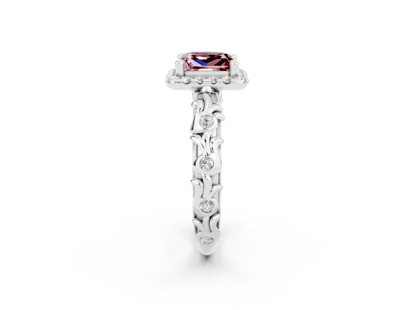 Platinum Princess Cut Halo Diamond Solitaire with Filigree Band and Four-Prong Setting