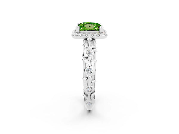 Platinum Princess Cut Peridot Halo Ring with Filigree Band and Prong Setting