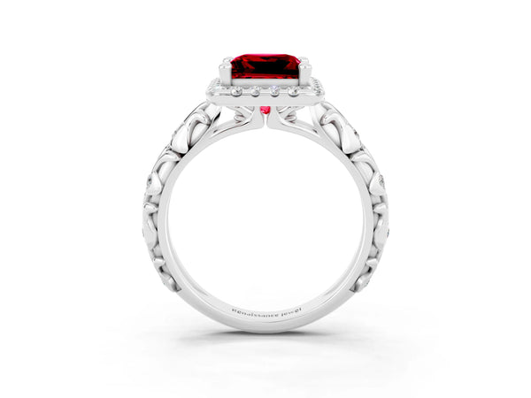 Platinum Princess Cut Ruby Halo Ring with Filigree Band and Prong Setting