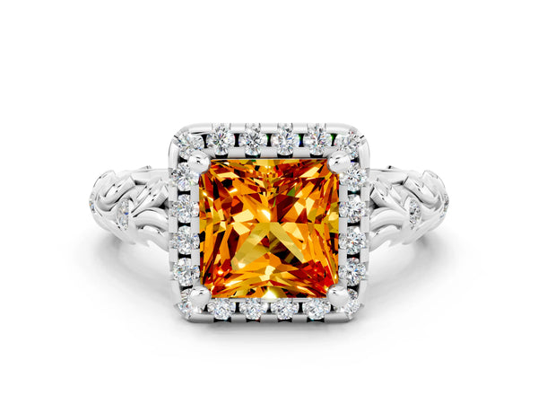 Silver Princess Cut Citrine Halo Ring with Filigree Band and Prong Setting