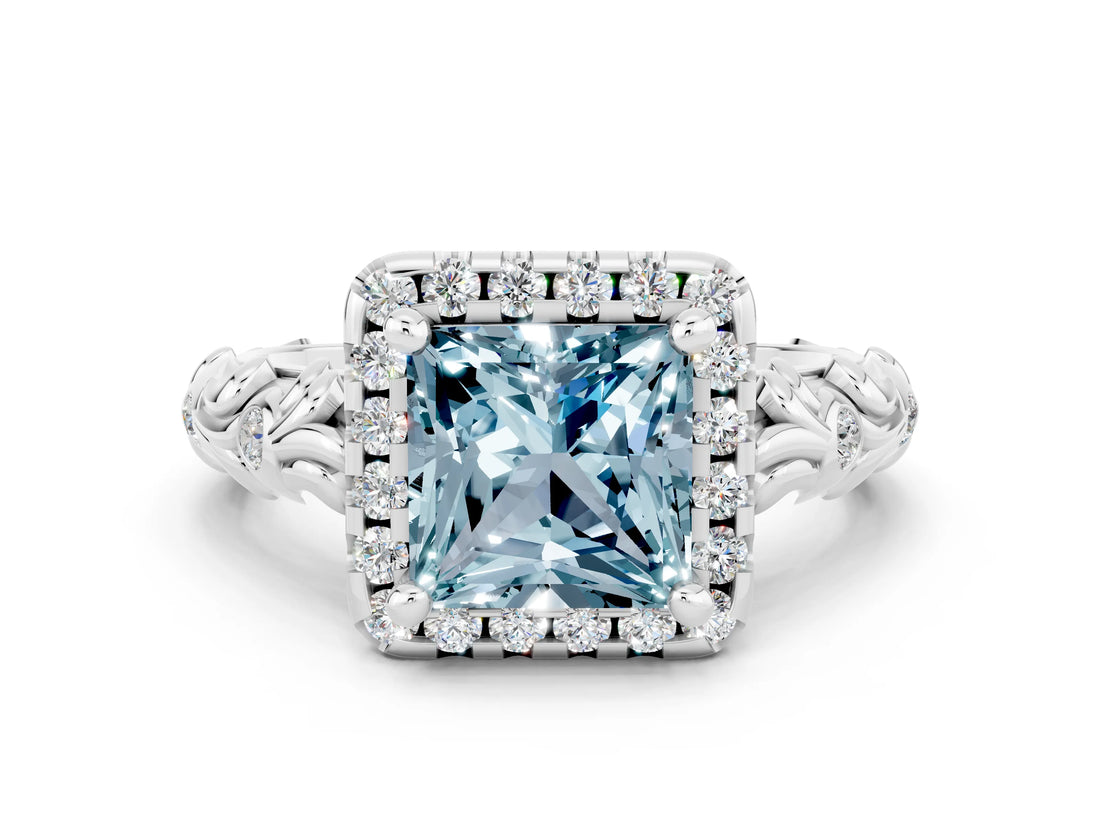 White gold Princess Cut Halo Diamond Solitaire with Filigree Band and Four-Prong Setting