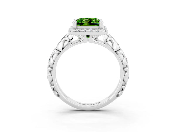 Platinum Princess Cut Peridot Halo Ring with Filigree Band and Prong Setting