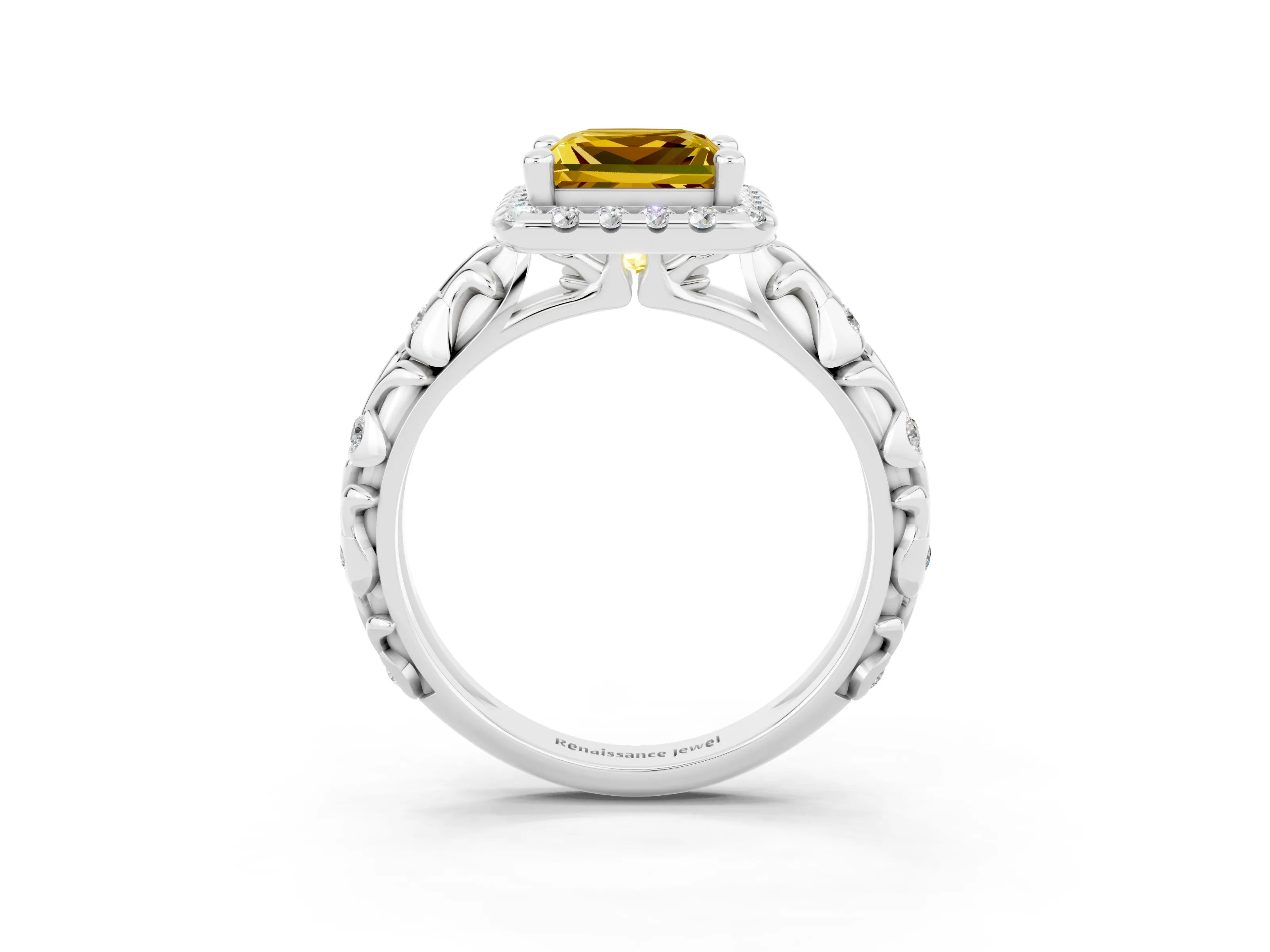 White gold Princess Cut Halo Diamond Solitaire with Filigree Band and Four-Prong Setting_3