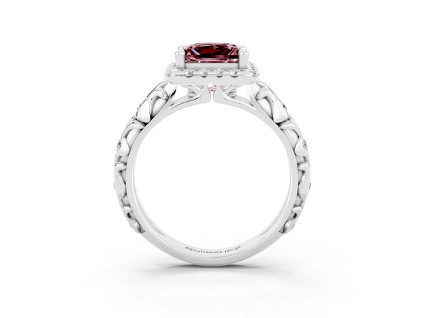 Platinum Princess Cut Halo Diamond Solitaire with Filigree Band and Four-Prong Setting