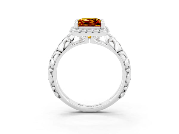 Platinum Princess Cut Citrine Halo Ring with Filigree Band and Prong Setting