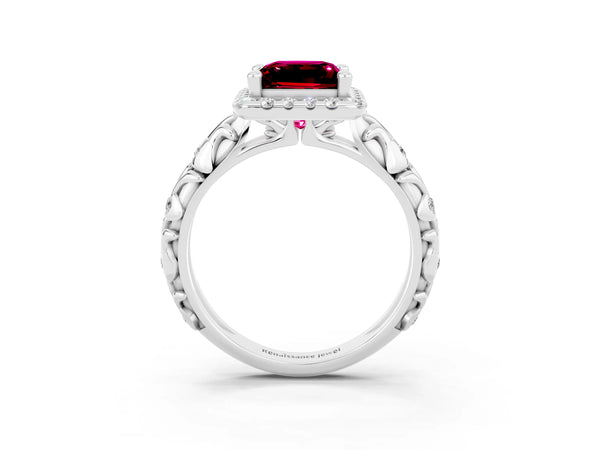 Platinum Princess Cut Garnet Halo Ring with Filigree Band and Prong Setting
