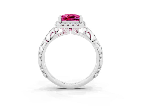 Platinum Princess Cut Pink Sapphire Halo Ring with Filigree Band and Prong Setting