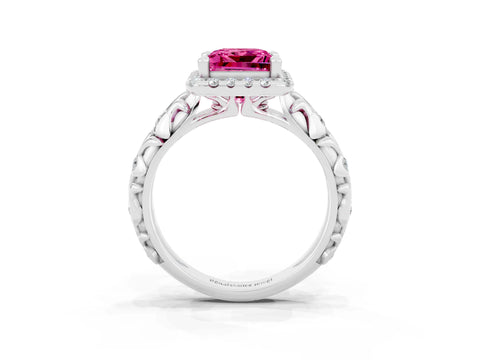 White gold Princess Cut Halo Diamond Solitaire with Filigree Band and Four-Prong Setting_3