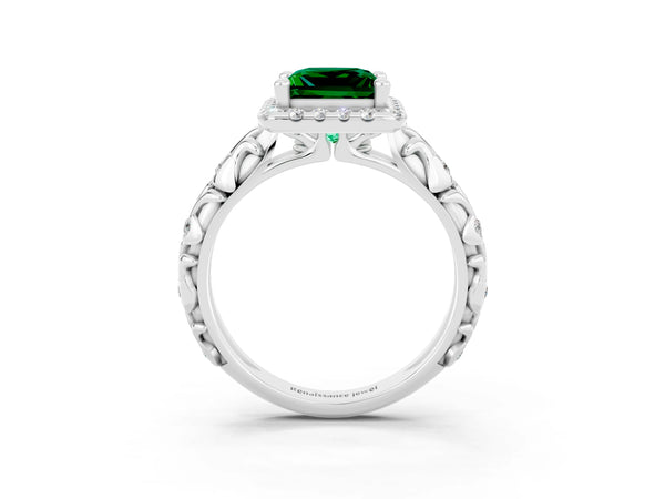 White gold Princess Cut Emerald Halo Ring with Filigree Band and Prong Setting