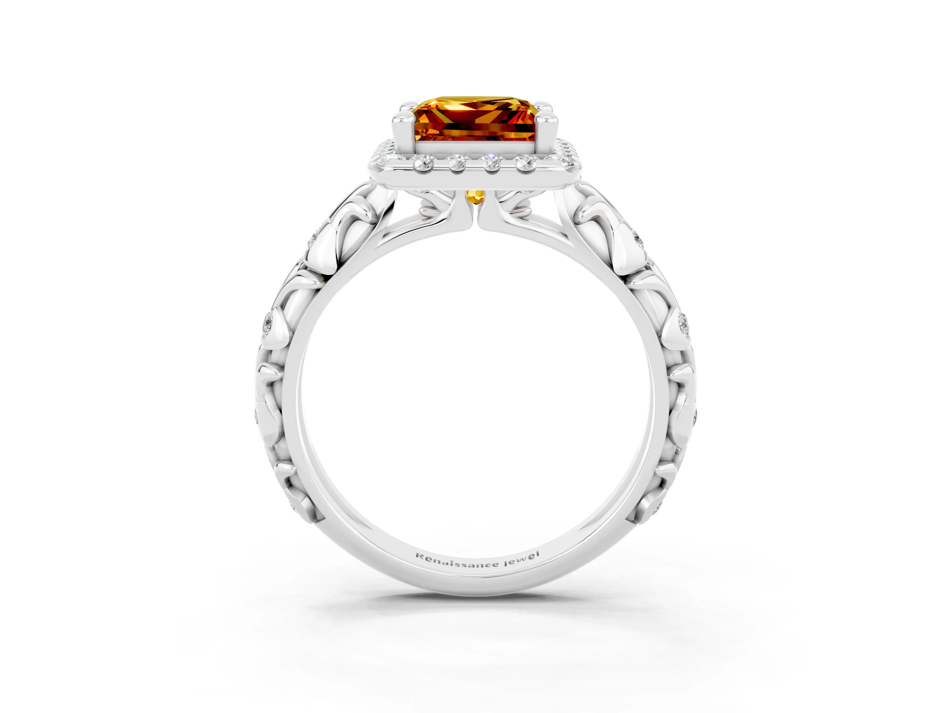 White gold Princess Cut Halo Diamond Solitaire with Filigree Band and Four-Prong Setting_3