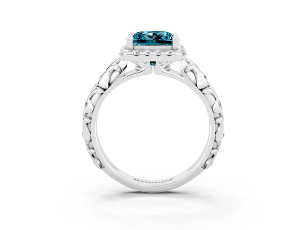 Silver Princess Cut Halo Diamond Solitaire with Filigree Band and Four-Prong Setting