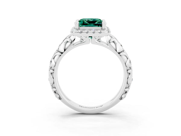 Platinum Princess Cut Green Sapphire Halo Ring with Filigree Band and Prong Setting