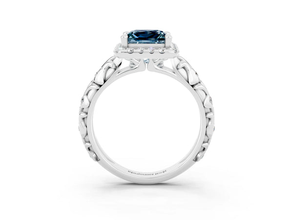 Silver Princess Cut Aquamarine Halo Ring with Filigree Band and Prong Setting