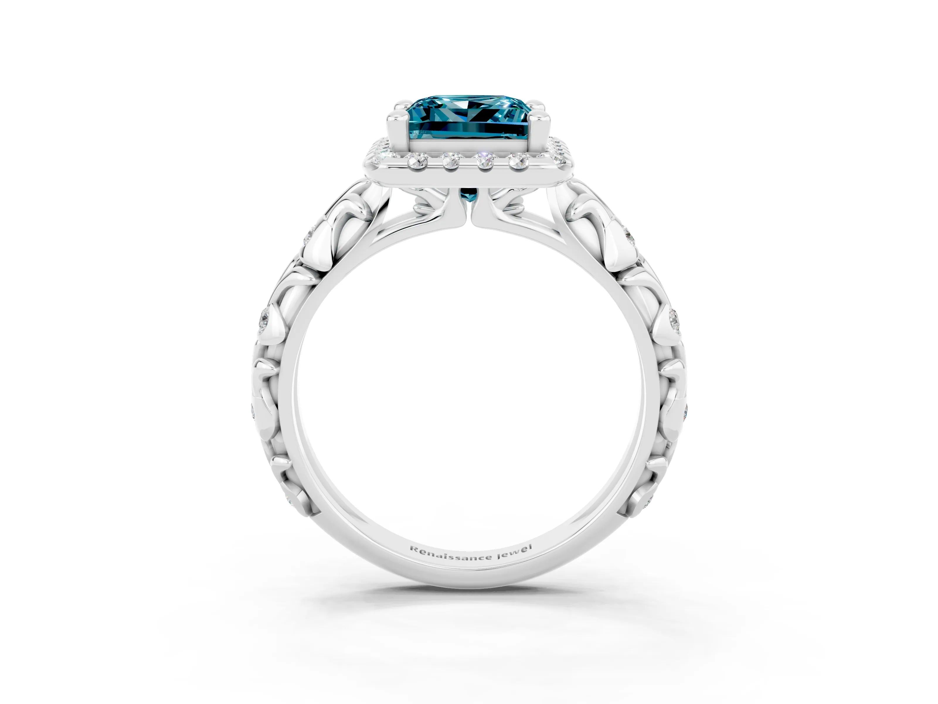 White gold Princess Cut Halo Diamond Solitaire with Filigree Band and Four-Prong Setting_3