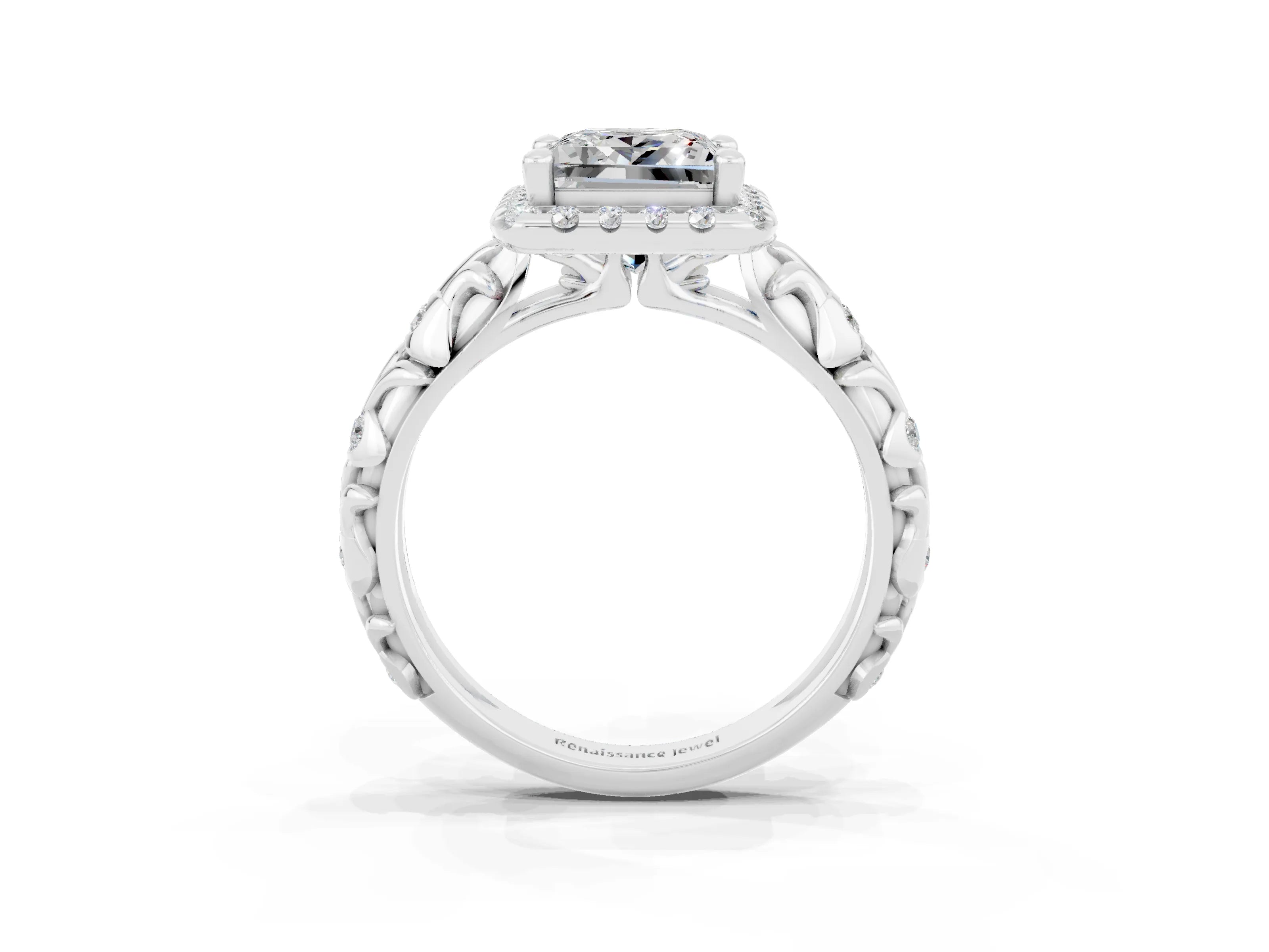 White gold Princess Cut Halo Diamond Solitaire with Filigree Band and Four-Prong Setting_3