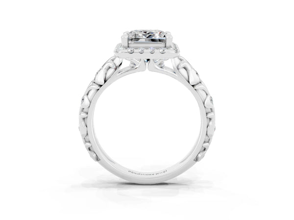 White gold Princess Cut Moissanite Halo Ring with Filigree Band and Prong Setting
