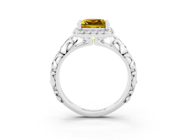 Silver Princess Cut Yellow Sapphire Halo Ring with Filigree Band and Prong Setting