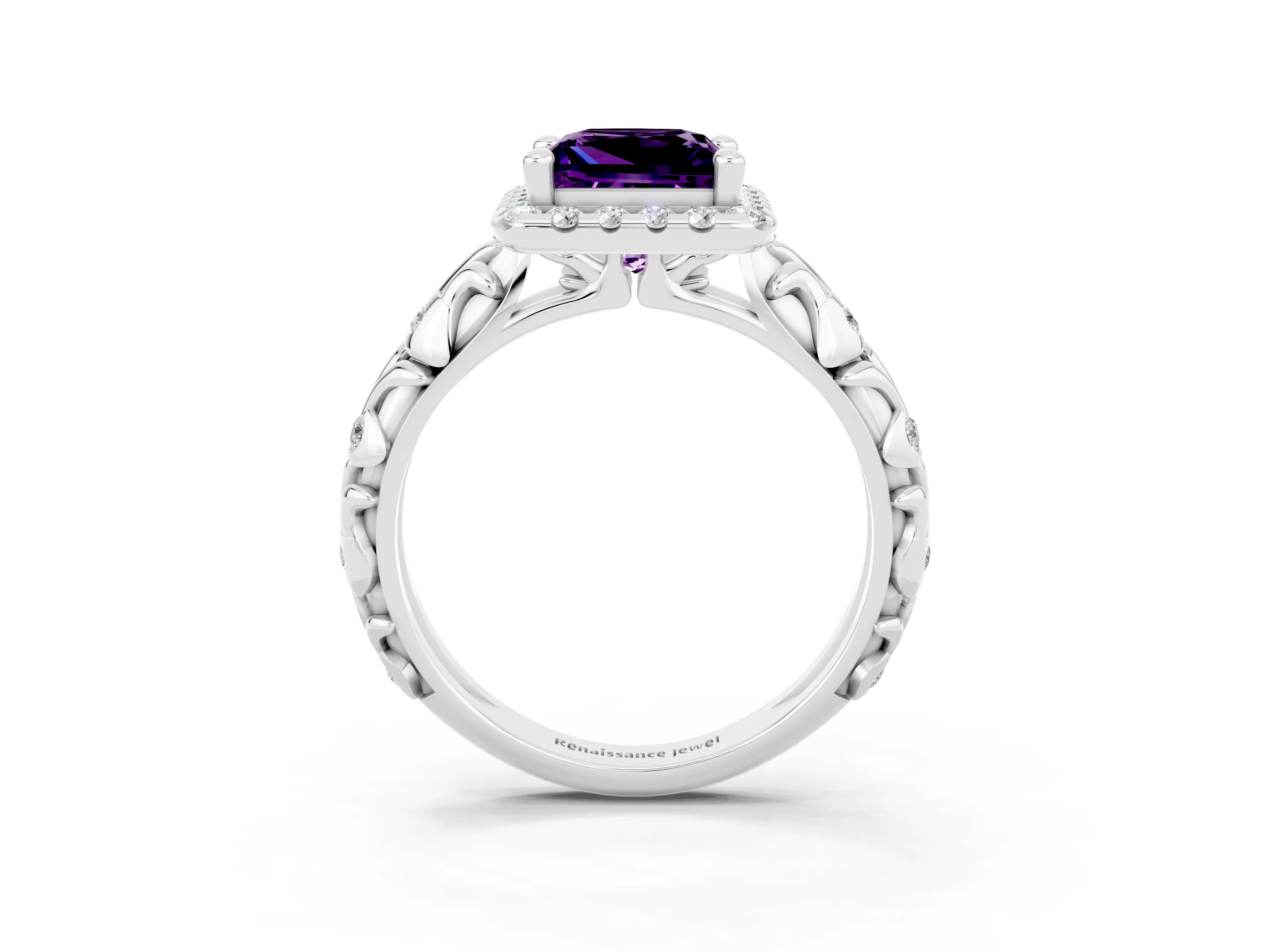 White gold Princess Cut Halo Diamond Solitaire with Filigree Band and Four-Prong Setting_3