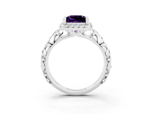 Platinum Princess Cut Amethyst Halo Ring with Filigree Band and Prong Setting