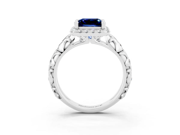 Silver Princess Cut Blue Sapphire Halo Ring with Filigree Band and Prong Setting