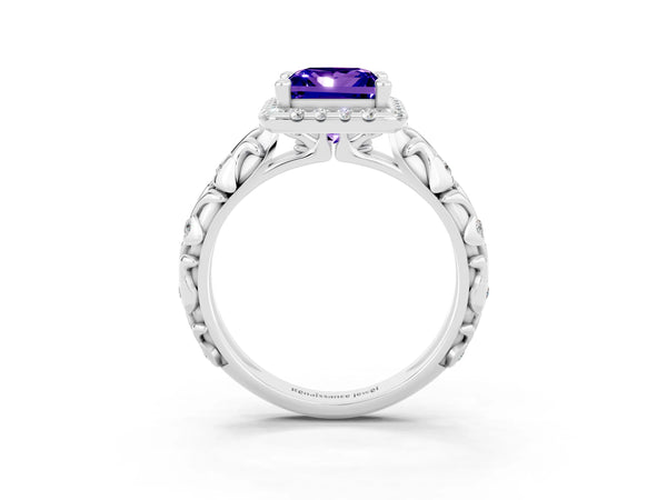 Silver Princess Cut Tanzanite Halo Ring with Filigree Band and Prong Setting