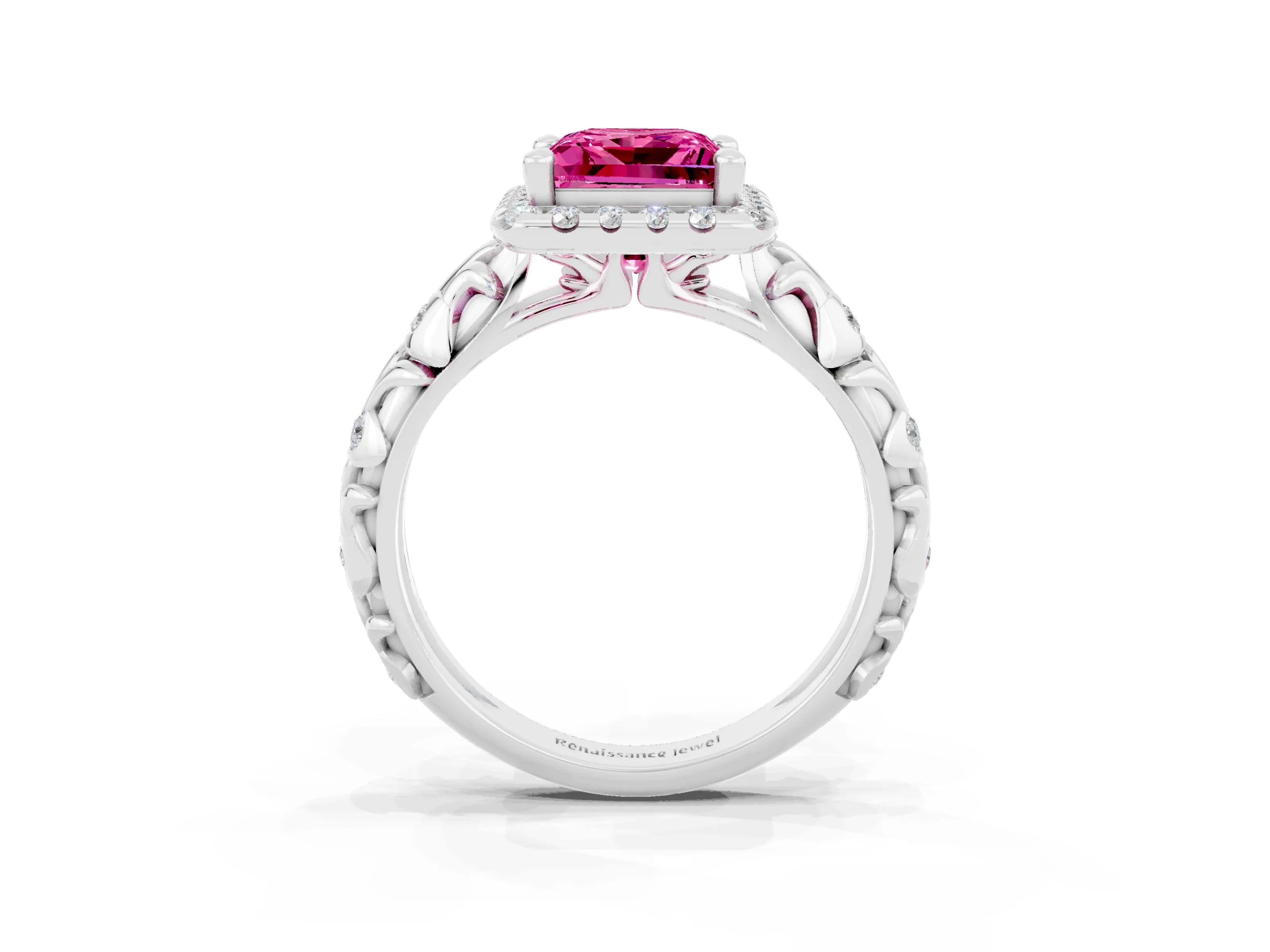 White gold Princess Cut Halo Diamond Solitaire with Filigree Band and Four-Prong Setting_3