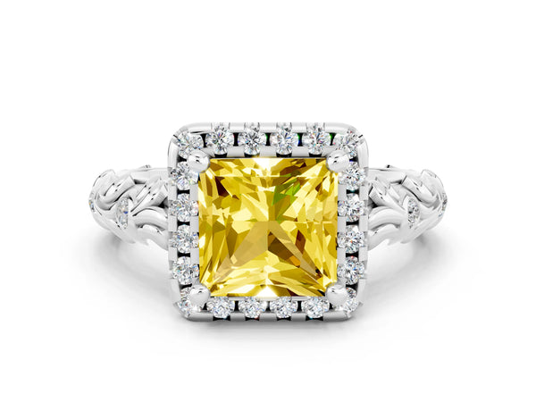 White gold Princess Cut Yellow Sapphire Halo Ring with Filigree Band and Prong Setting