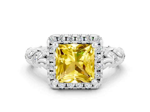 White gold Princess Cut Halo Diamond Solitaire with Filigree Band and Four-Prong Setting
